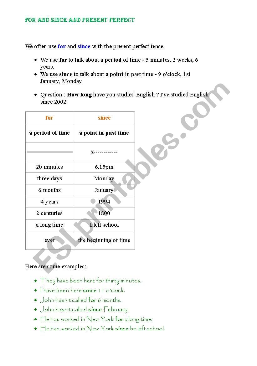 For and since worksheet