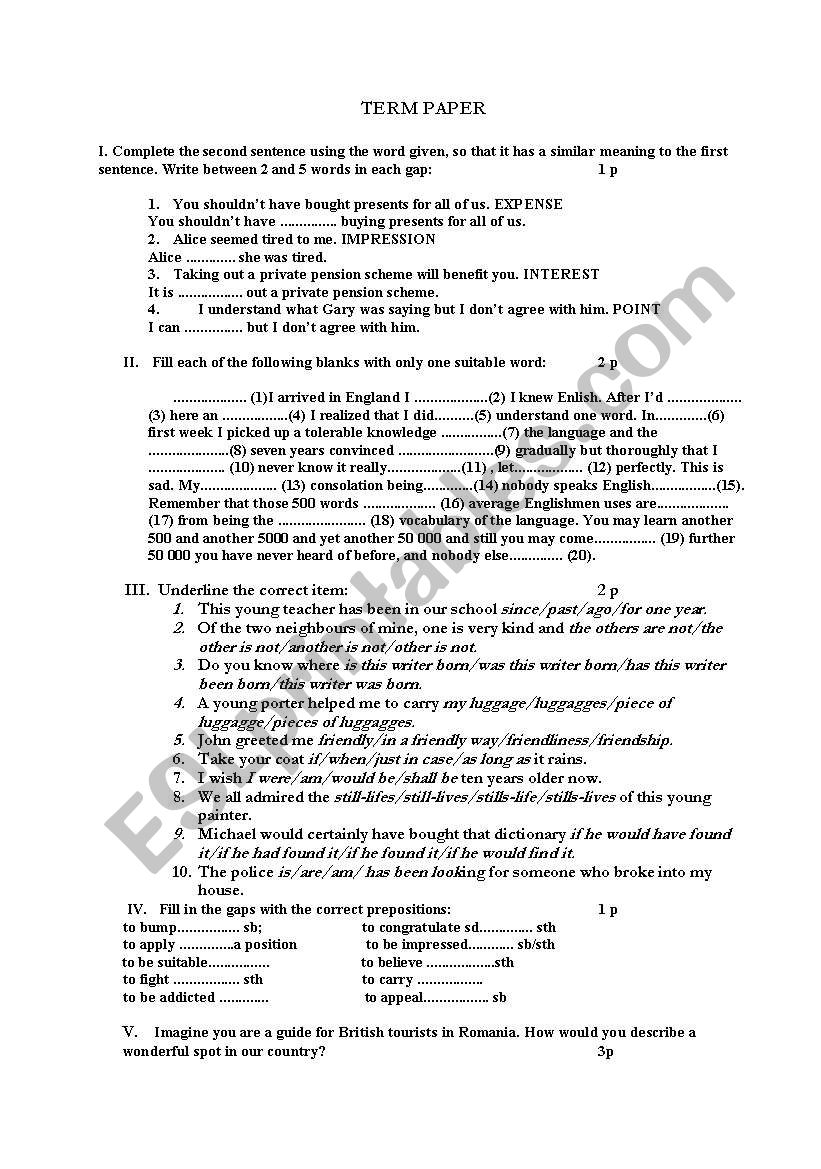 XIth grade TERM PAPER worksheet