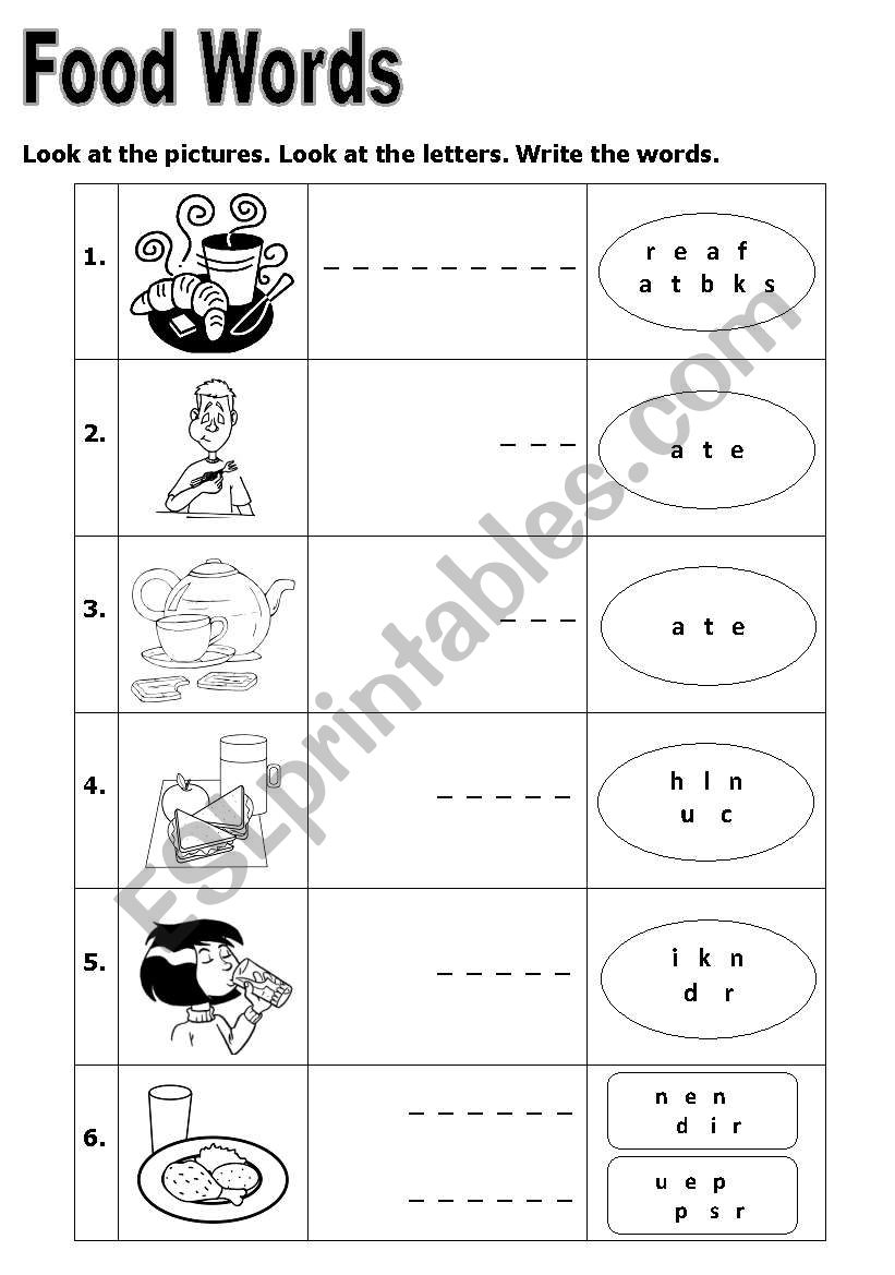 Food Words (meals and verbs) worksheet