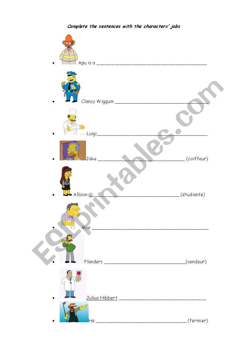 Jobs in The Simpsons worksheet