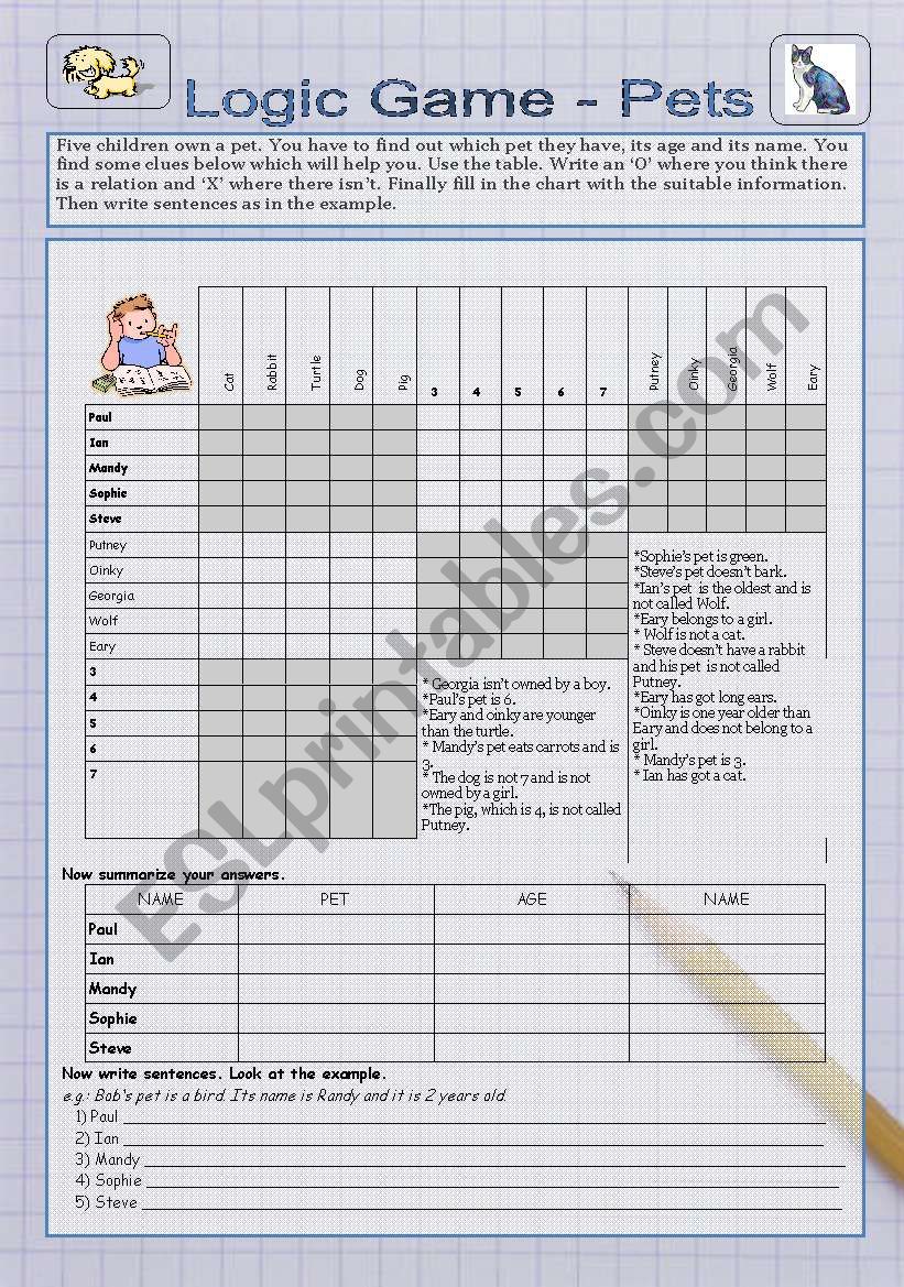 Logic game: pets, 2 pages, key included.