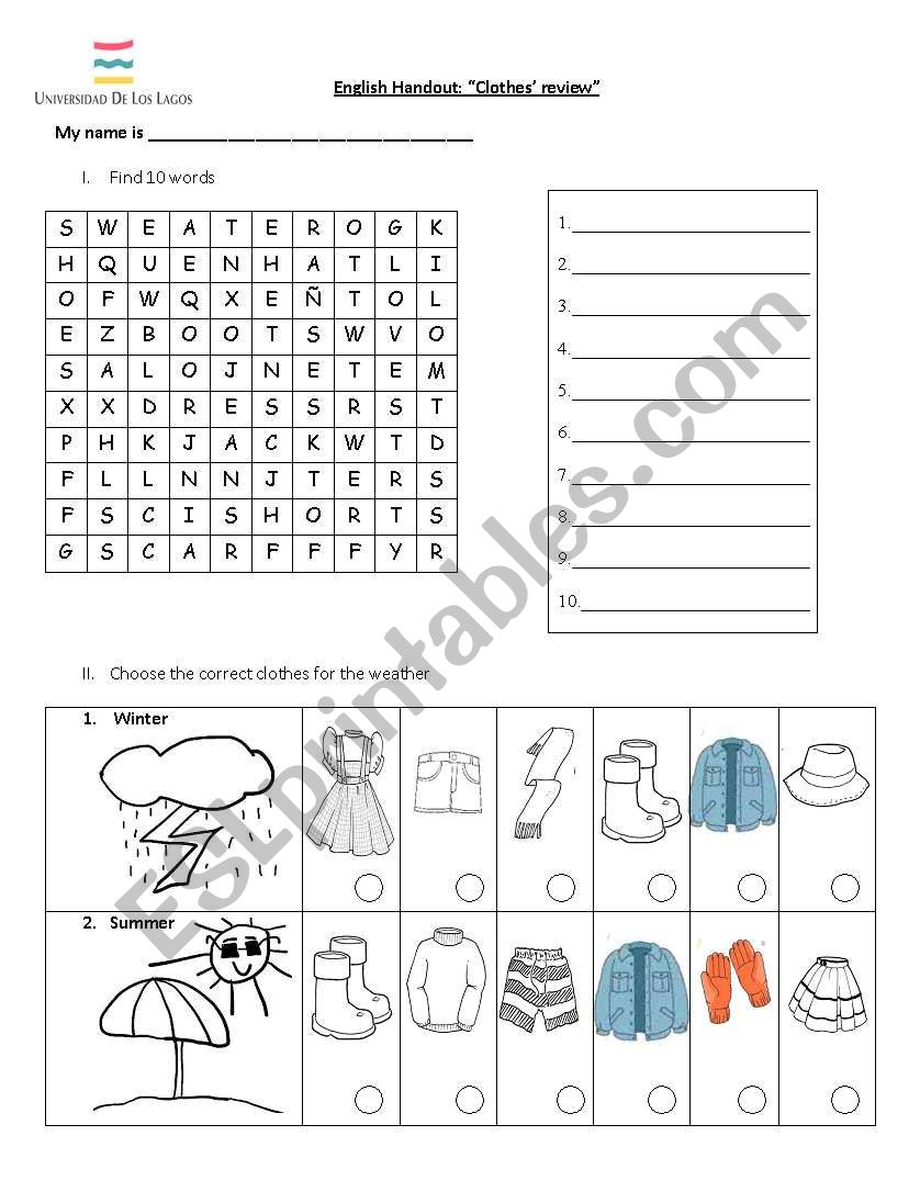 Handout: Clothes worksheet