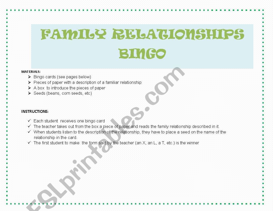 FAMILY  BINGO worksheet