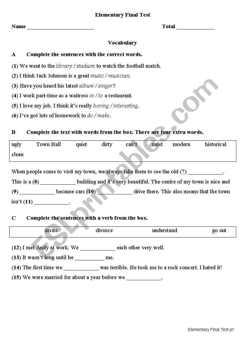 Elementary test worksheet