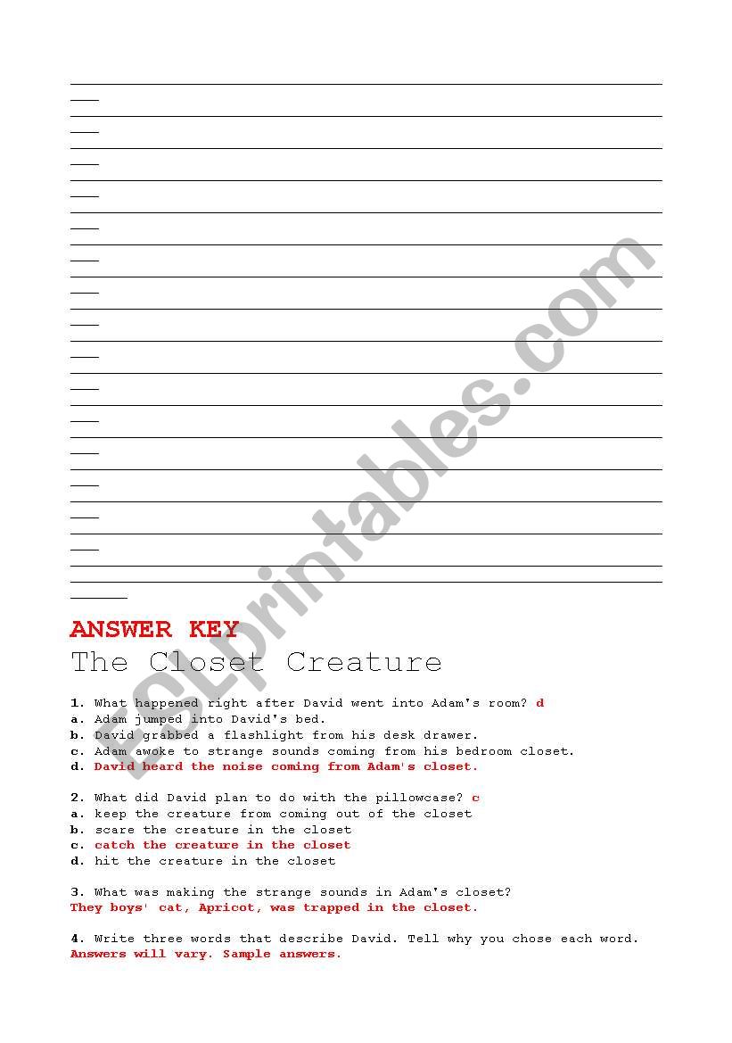 English Worksheets The Closet Creature