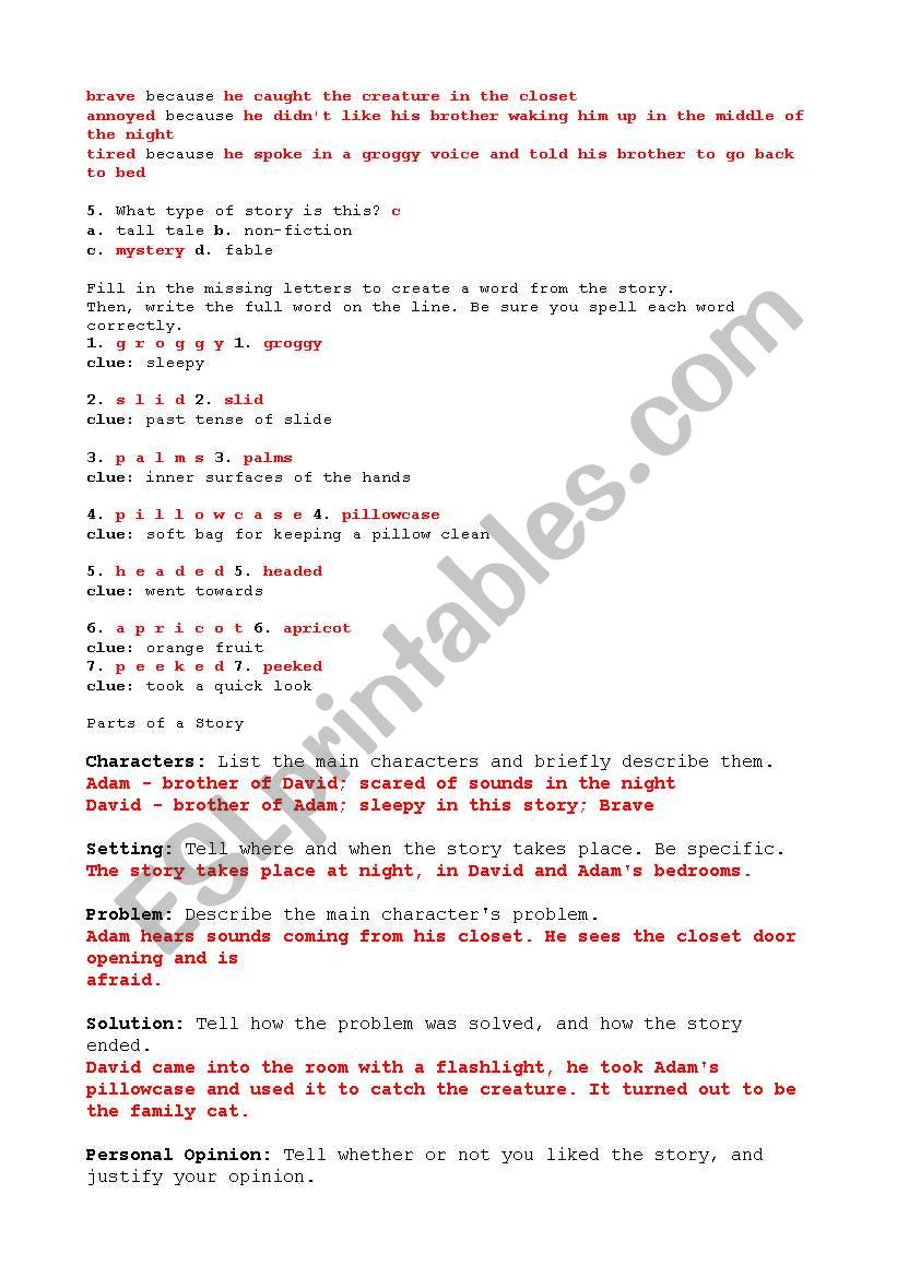 English Worksheets The Closet Creature