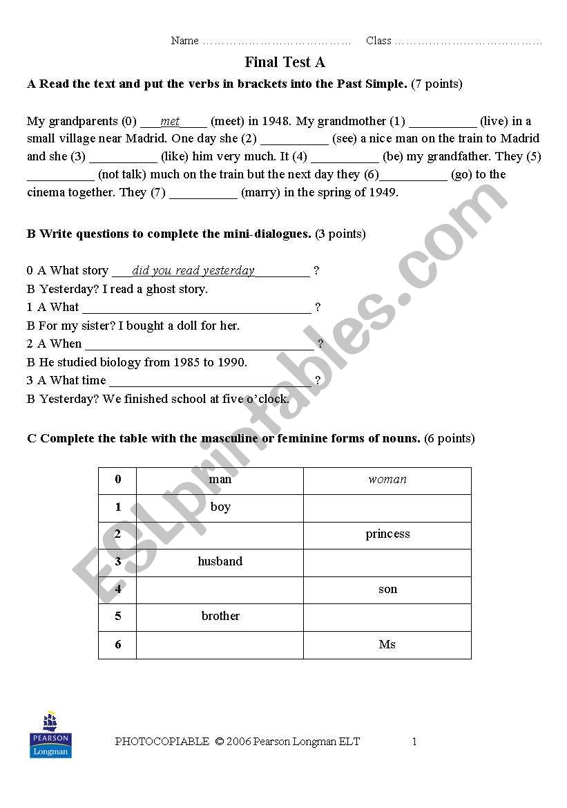 Elementary tests worksheet