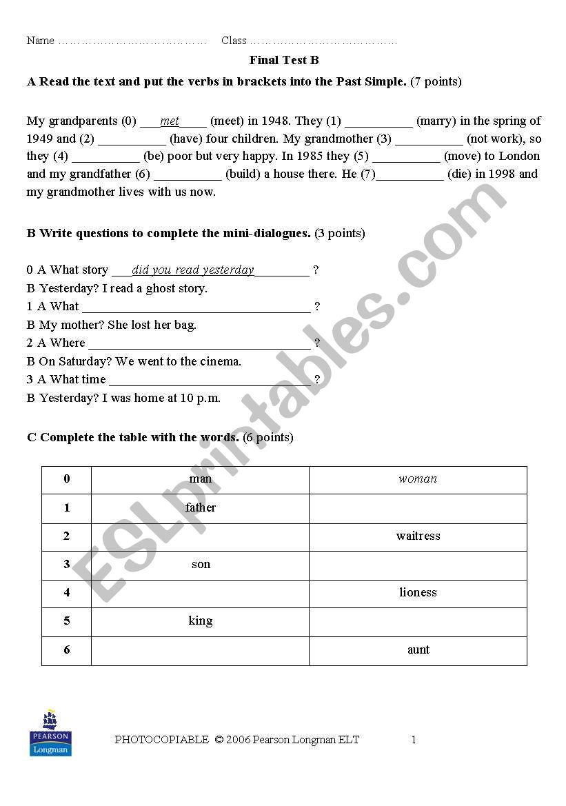 Elementary test 2 worksheet