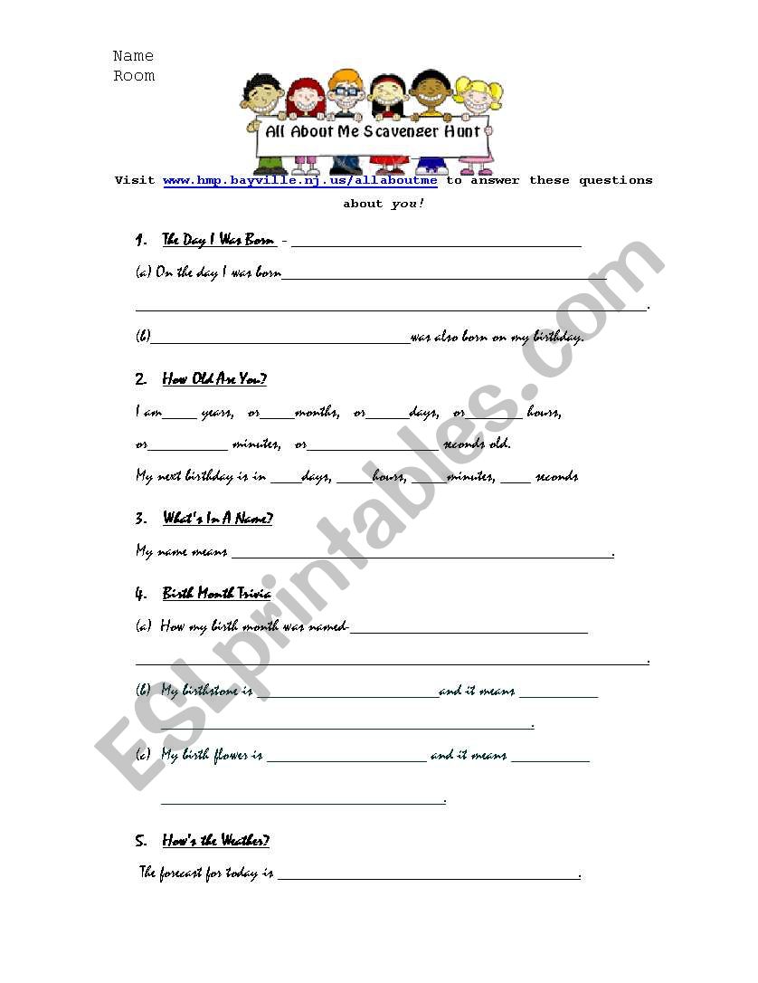 All About Me Scavenger Hunt worksheet