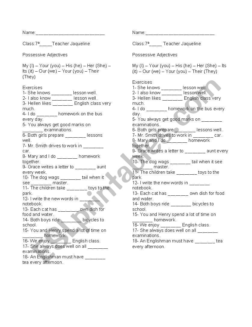 Possessive adjetive worksheet