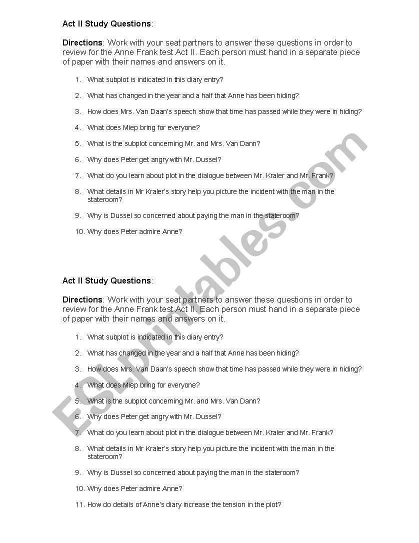 Anne Frank Study Guide: Act 2 worksheet