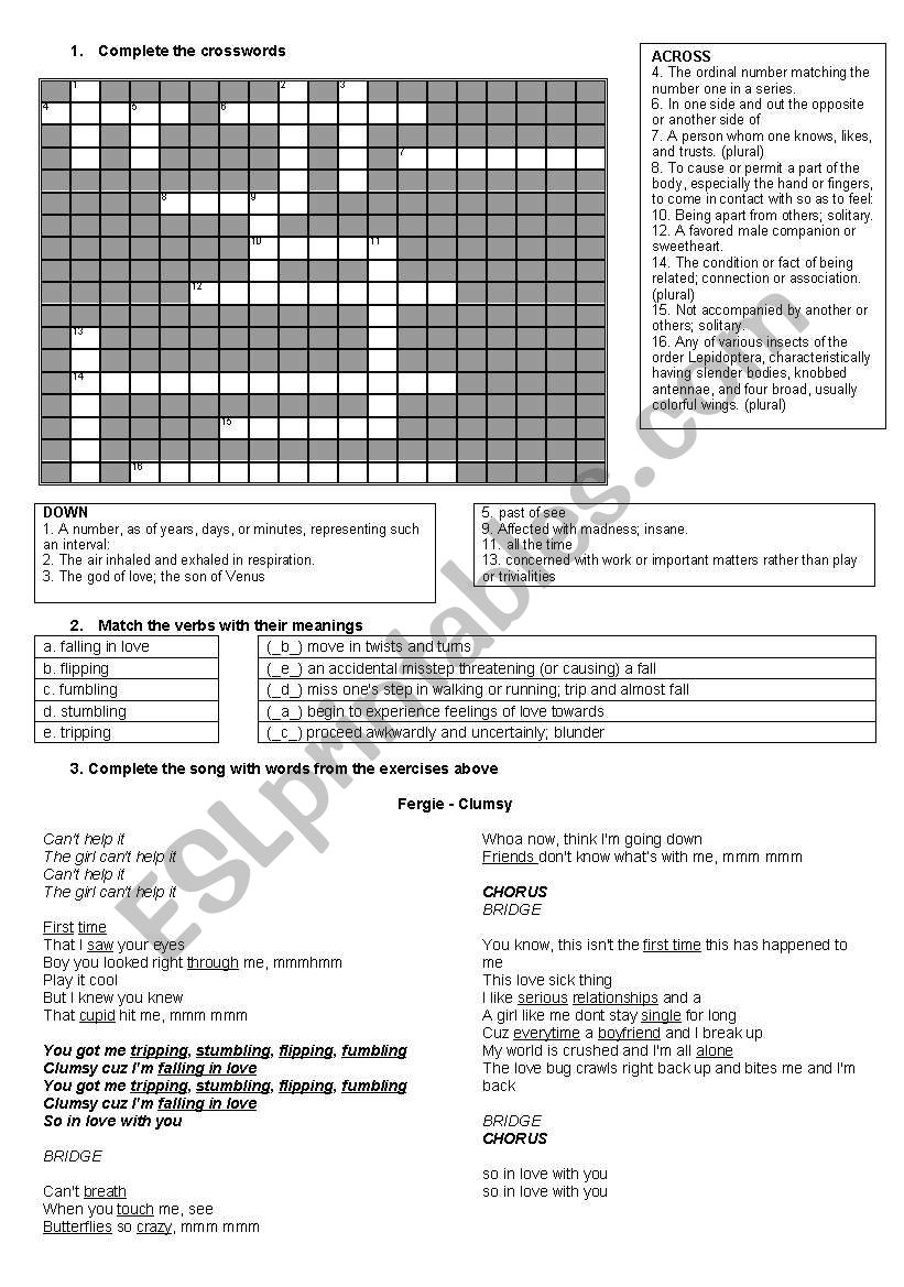 clumsy - fergie worksheet