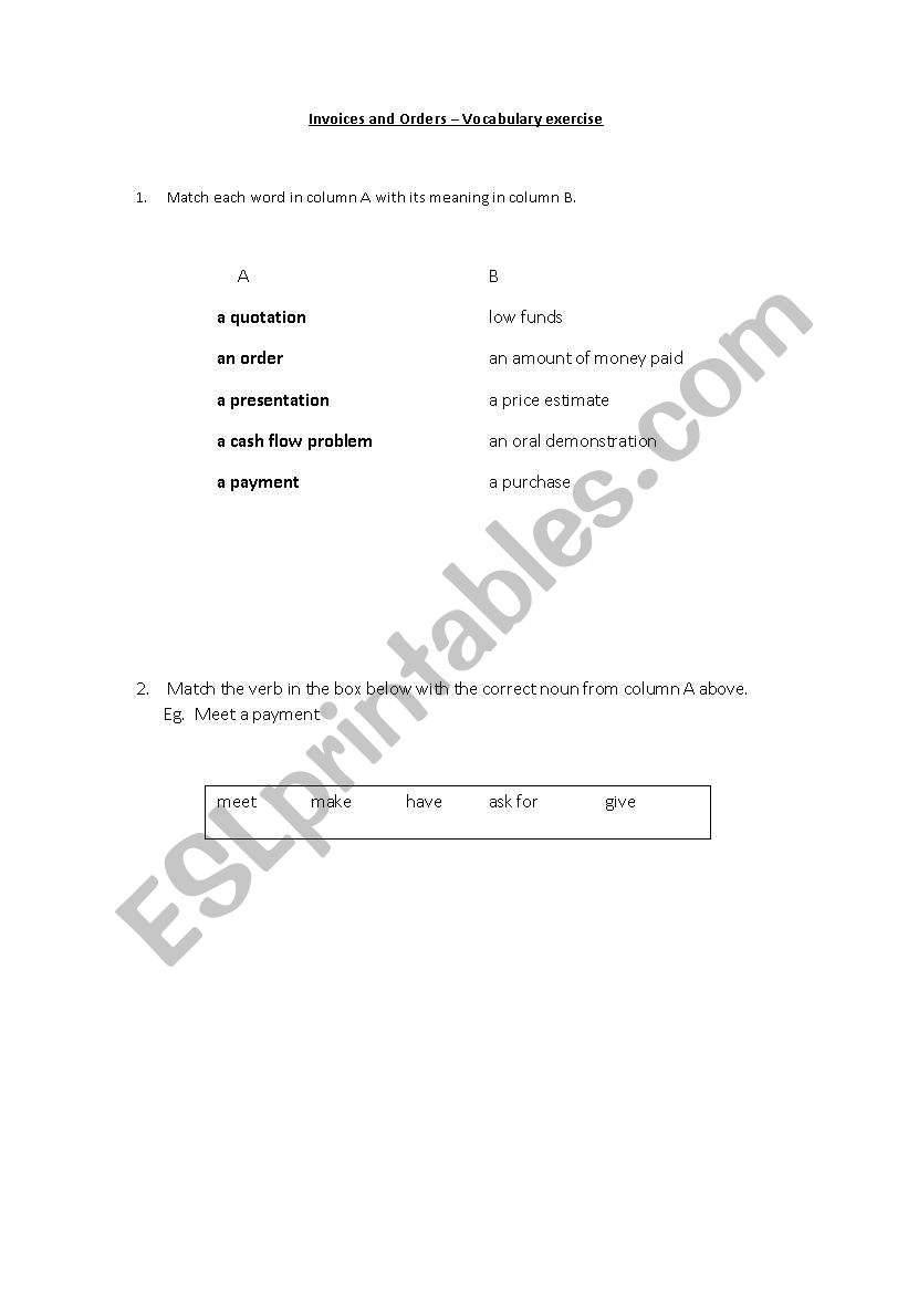 Vocab exercise - orders and invoices