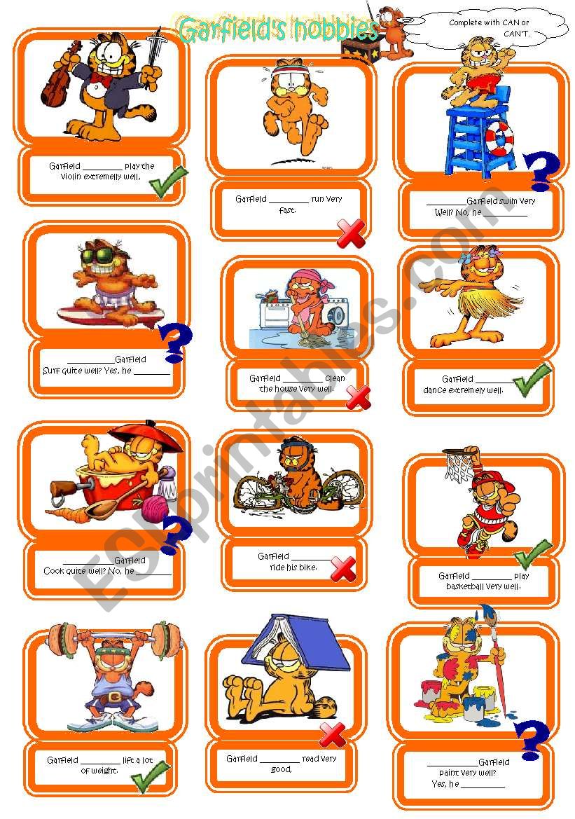 The verb Can with Garfield worksheet