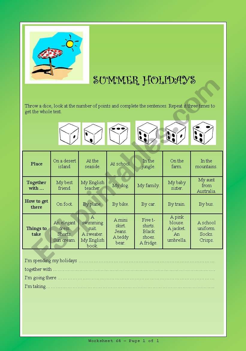 Summer holidays - board game worksheet
