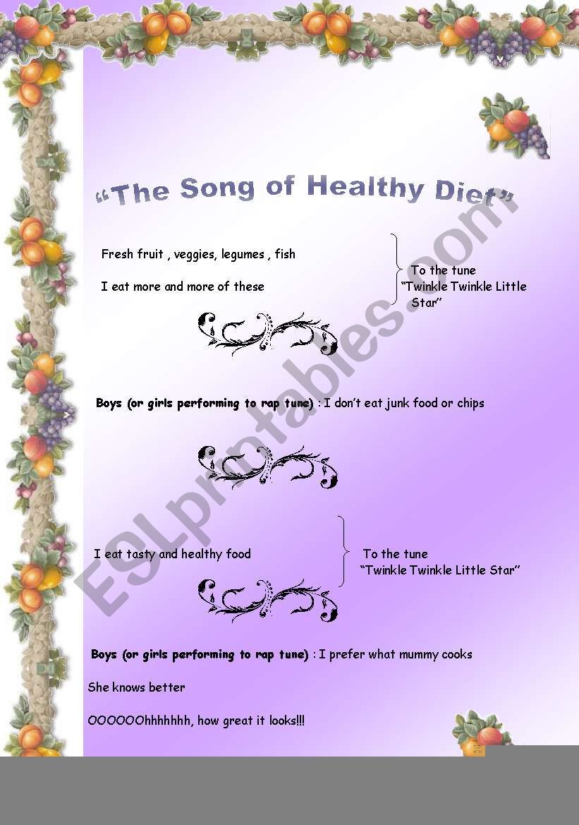 THE SONG OF HEALTHY DIET worksheet