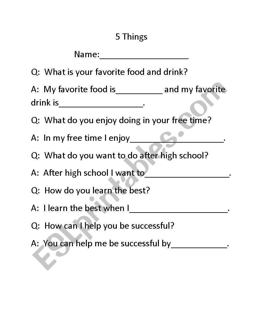 5 Things ESL Icebreaker worksheet