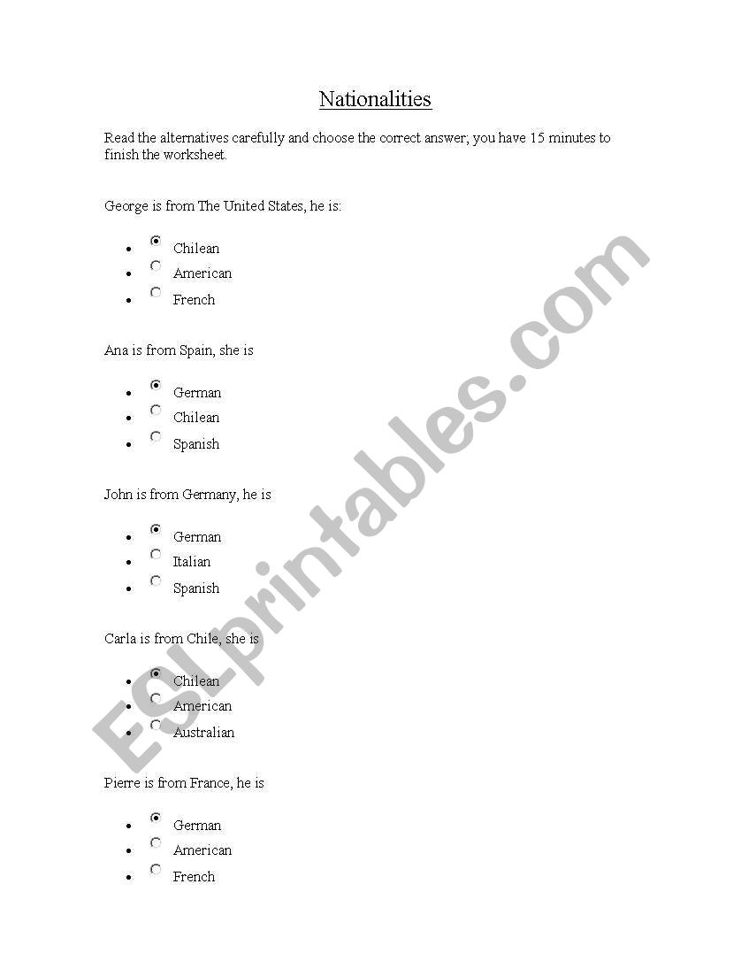 Nationalities test worksheet