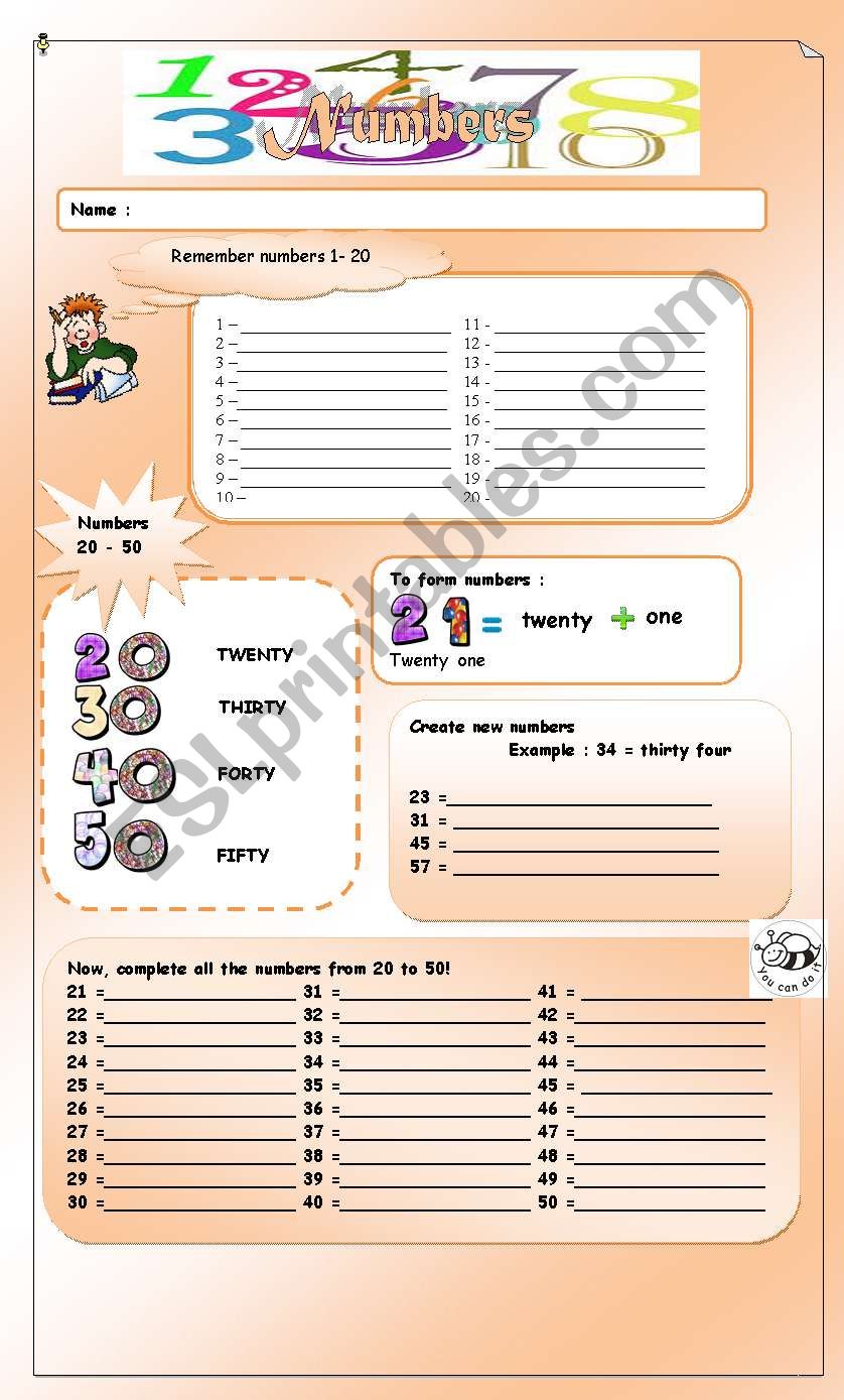 numbers 20 to 50 worksheet