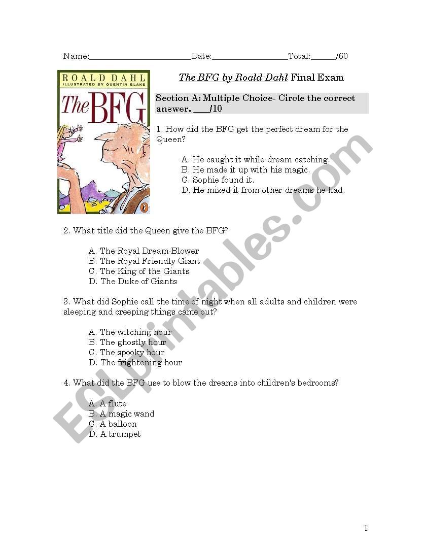 The BFG by Roald Dahl Final Exam