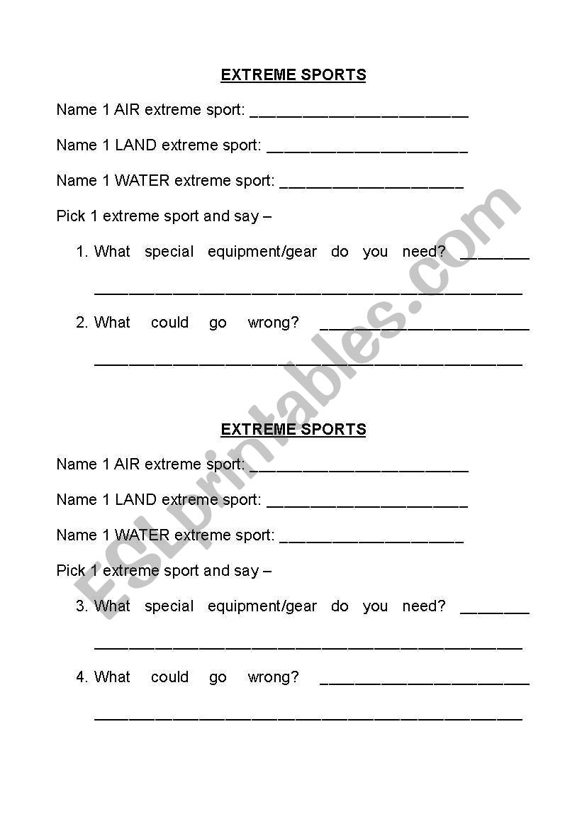 Extreme Sports Worksheet worksheet