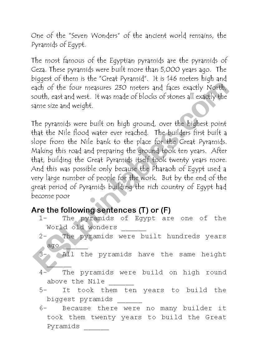 Reading - Pyramids worksheet