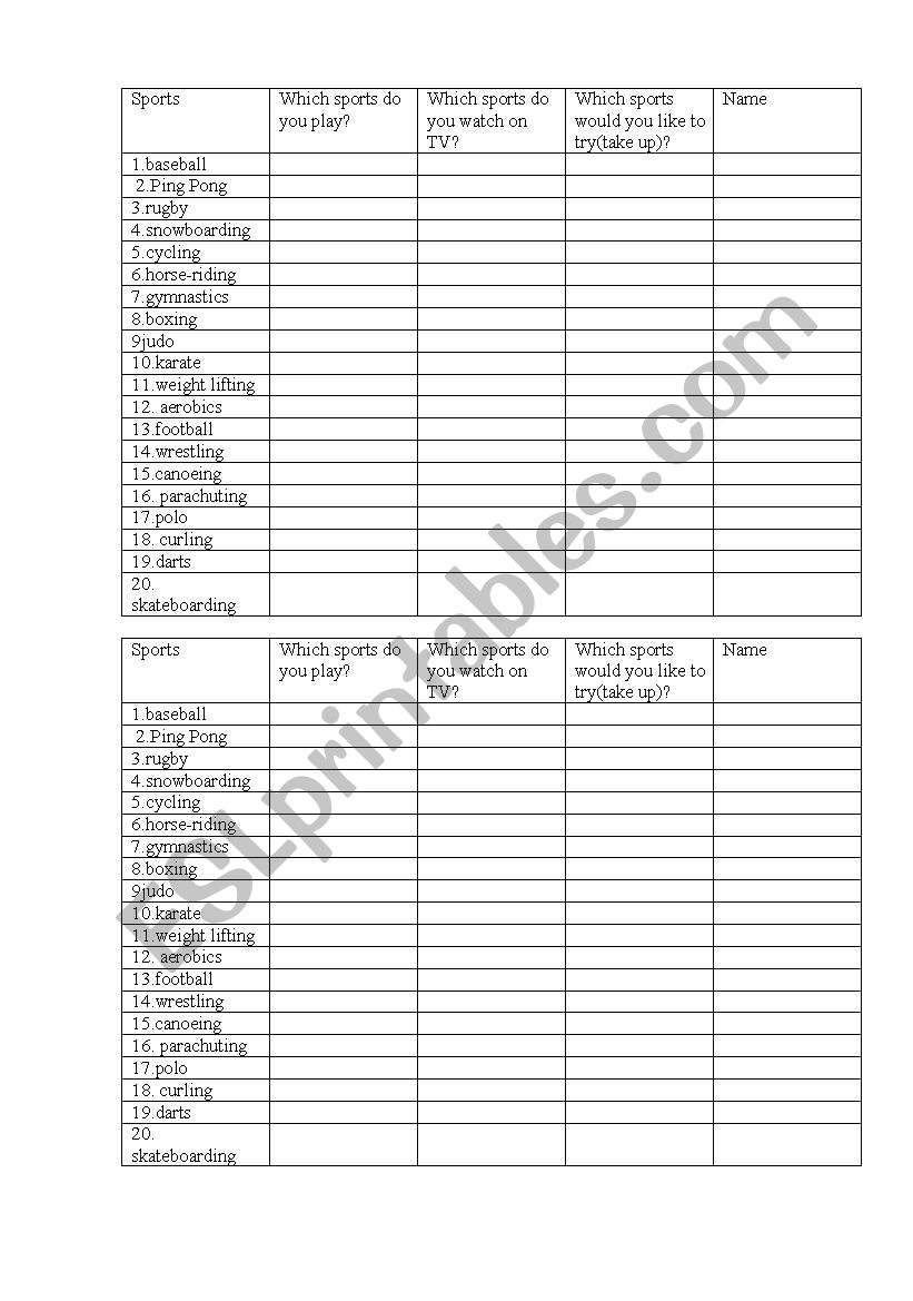 Sport worksheet