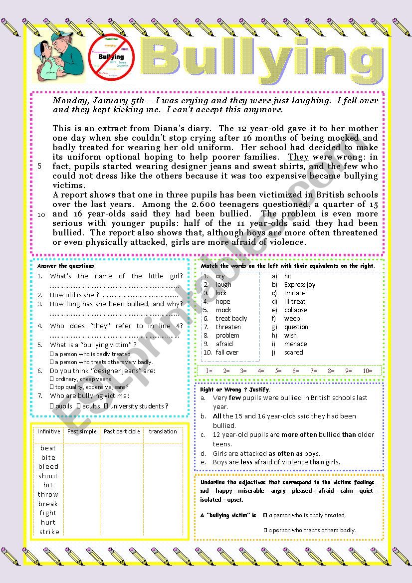 Bullying READING or TEST worksheet