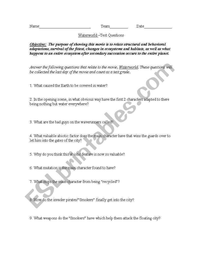 Water World Movie Questions worksheet