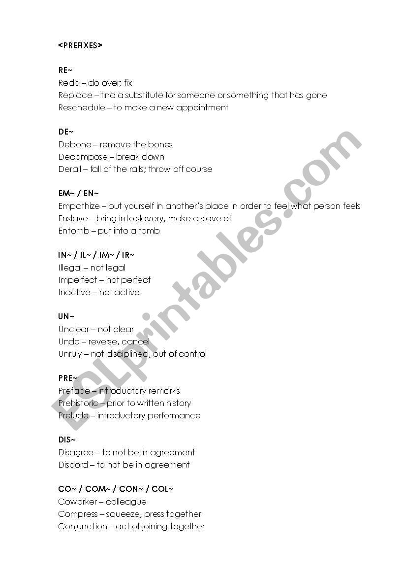 Prefix, Suffix, Roots worksheet