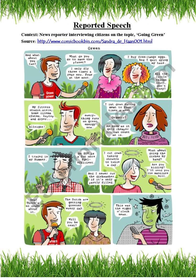 Reported Speech based on context (comic strip titled, Going Green) (in 3 pages)