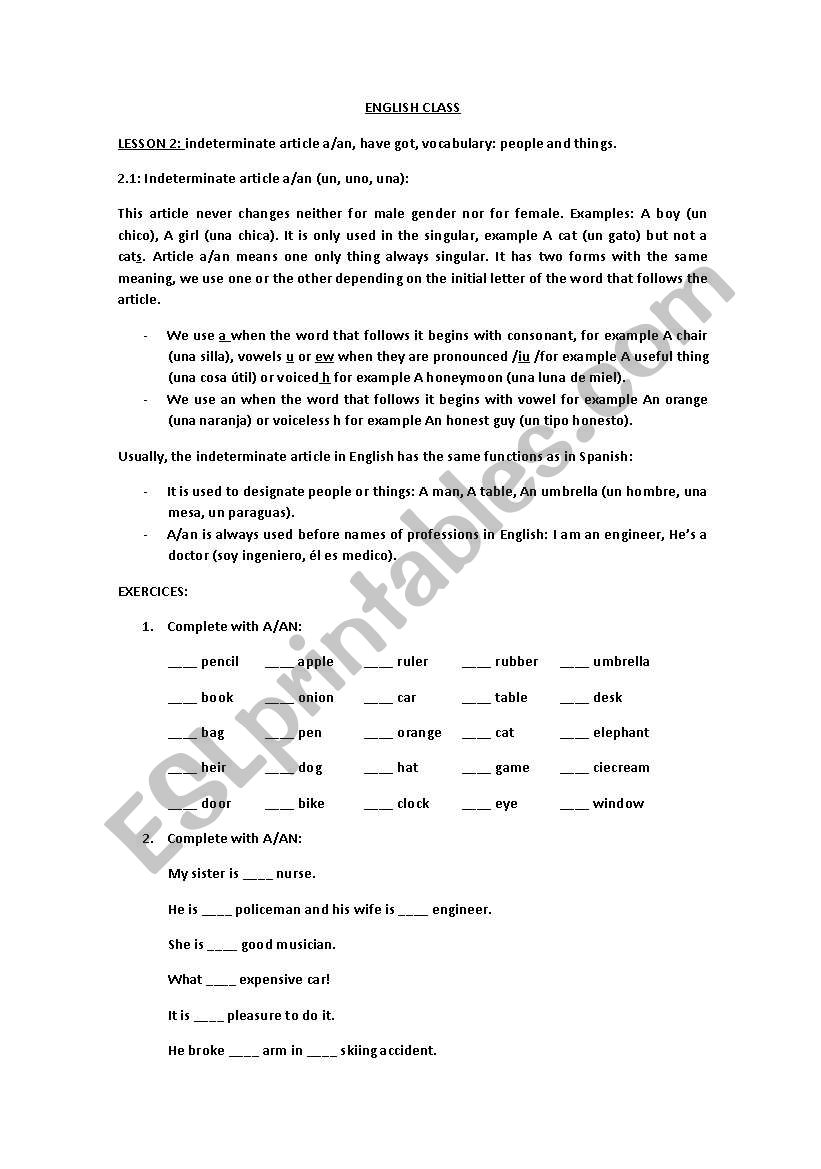 Article a/an. Have got worksheet