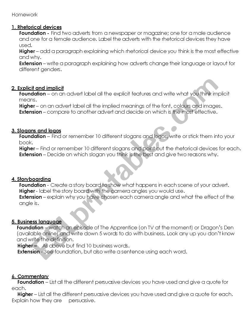 Media unit honework sheet worksheet