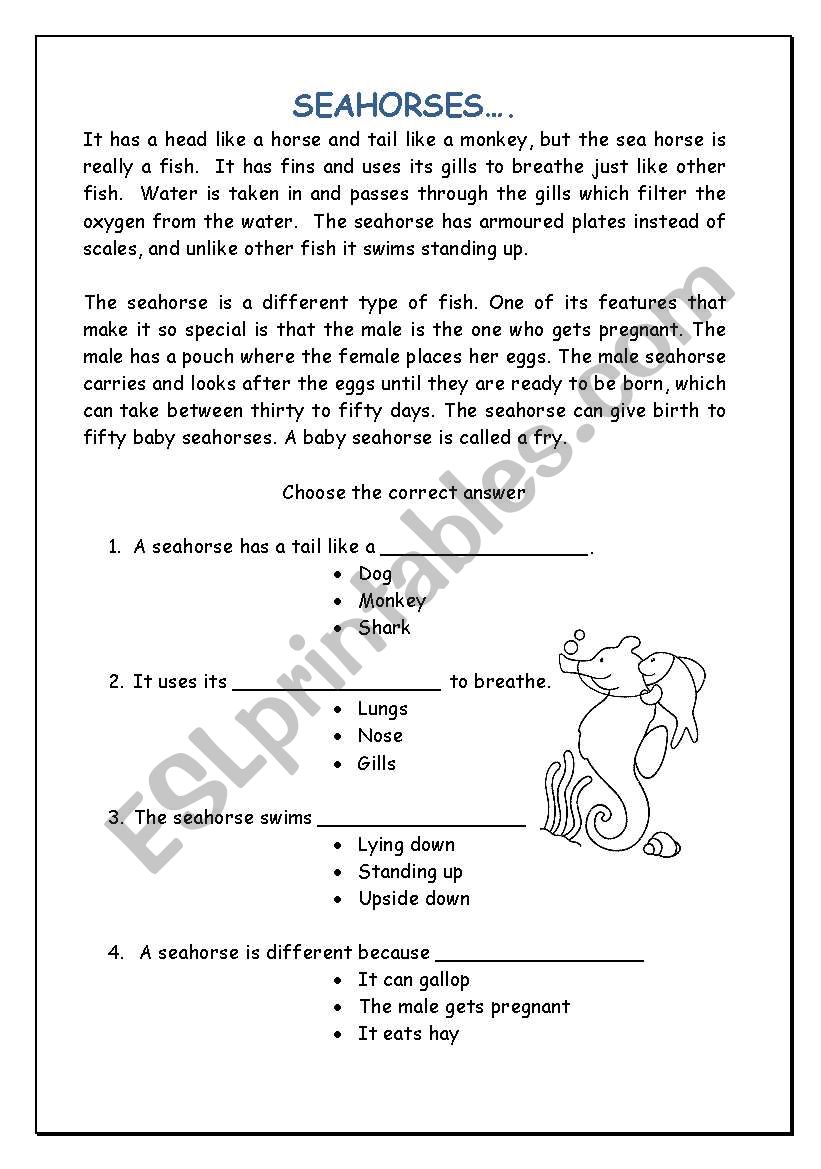 Seahorses Multiple Choice worksheet