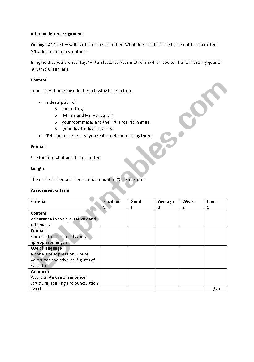 Holes (Louis Sachar) informal letter assignment