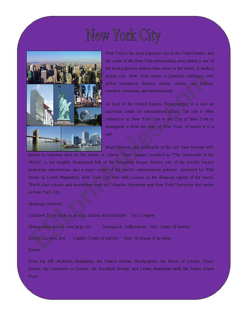 City 1 ( New York City) worksheet