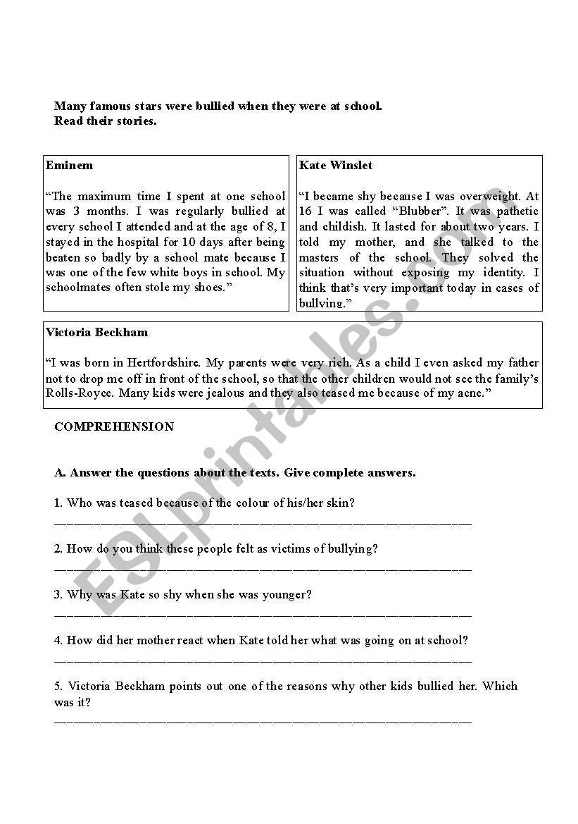 Famous bullied worksheet