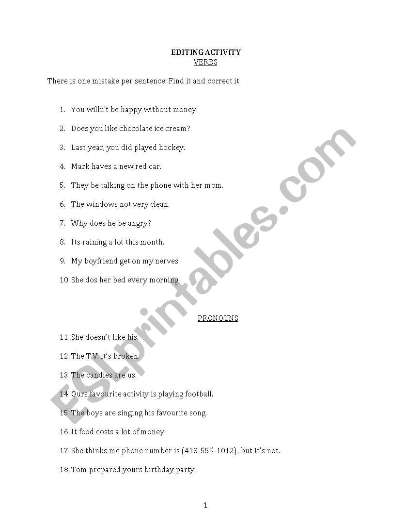 Editing Activity worksheet