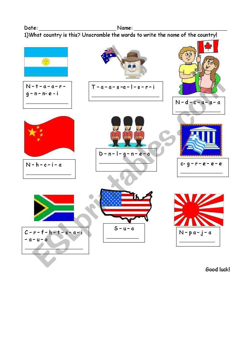 Countries worksheet