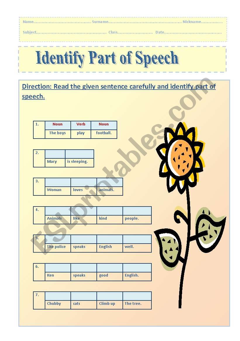 identidy part of speech worksheet