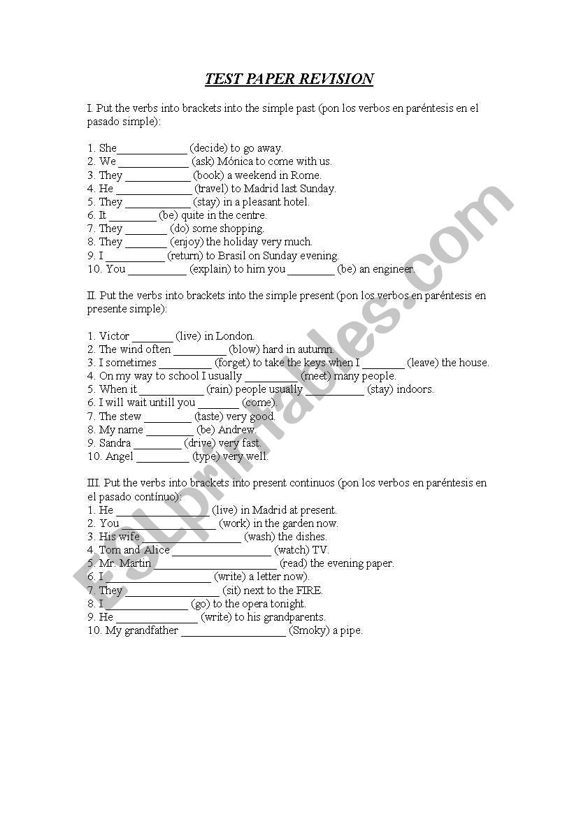 Revision tenses worksheet