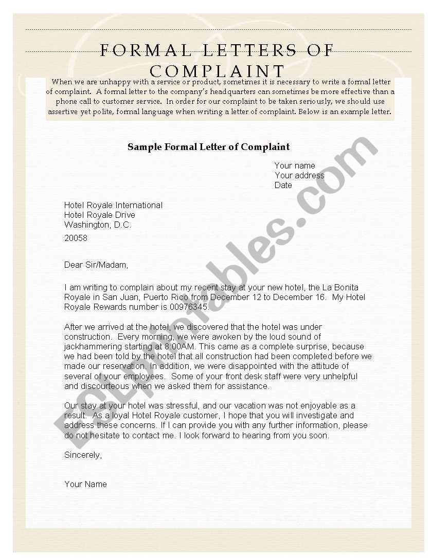 Letter Of Complaints Samples from www.eslprintables.com