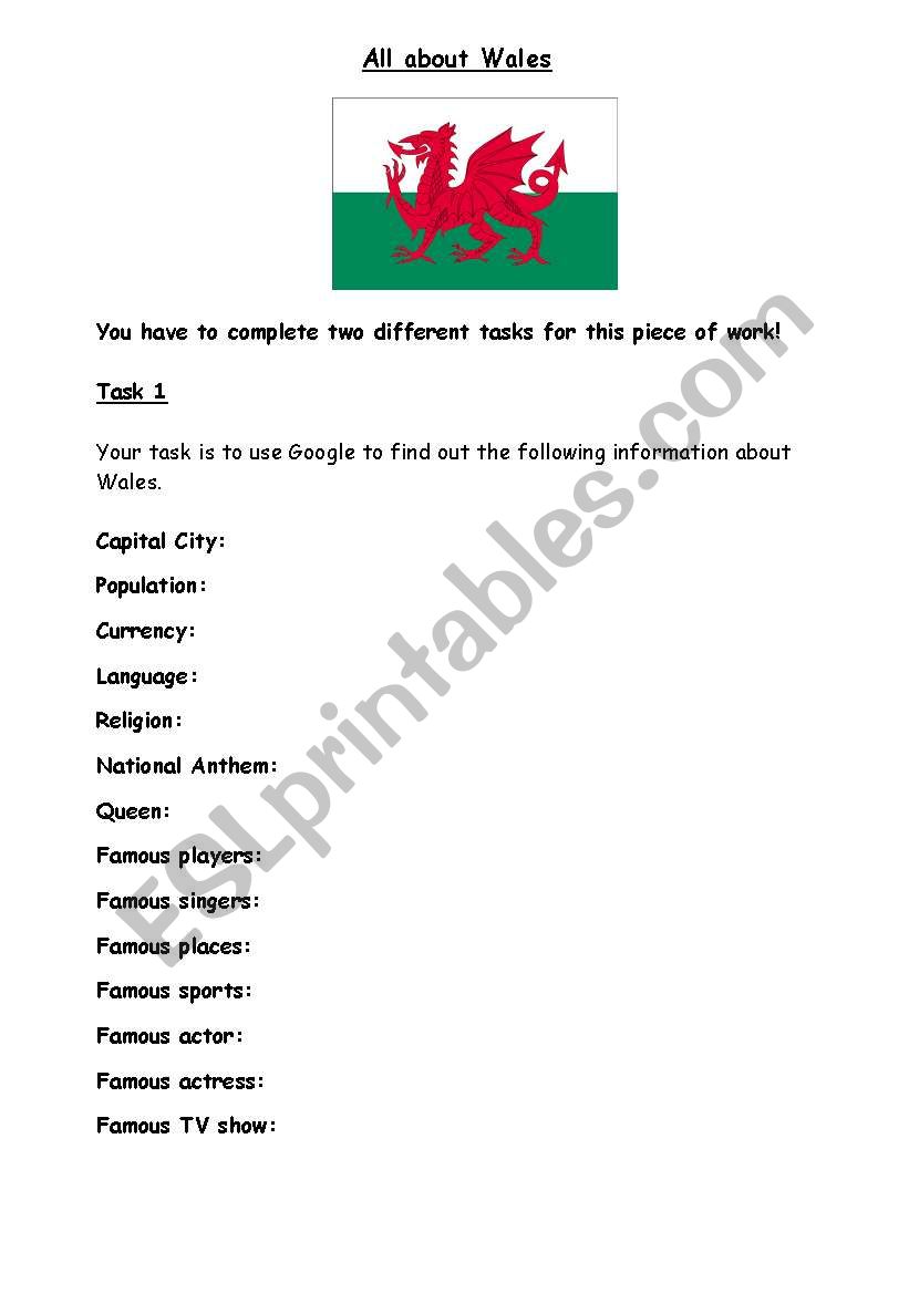 All about Wales worksheet