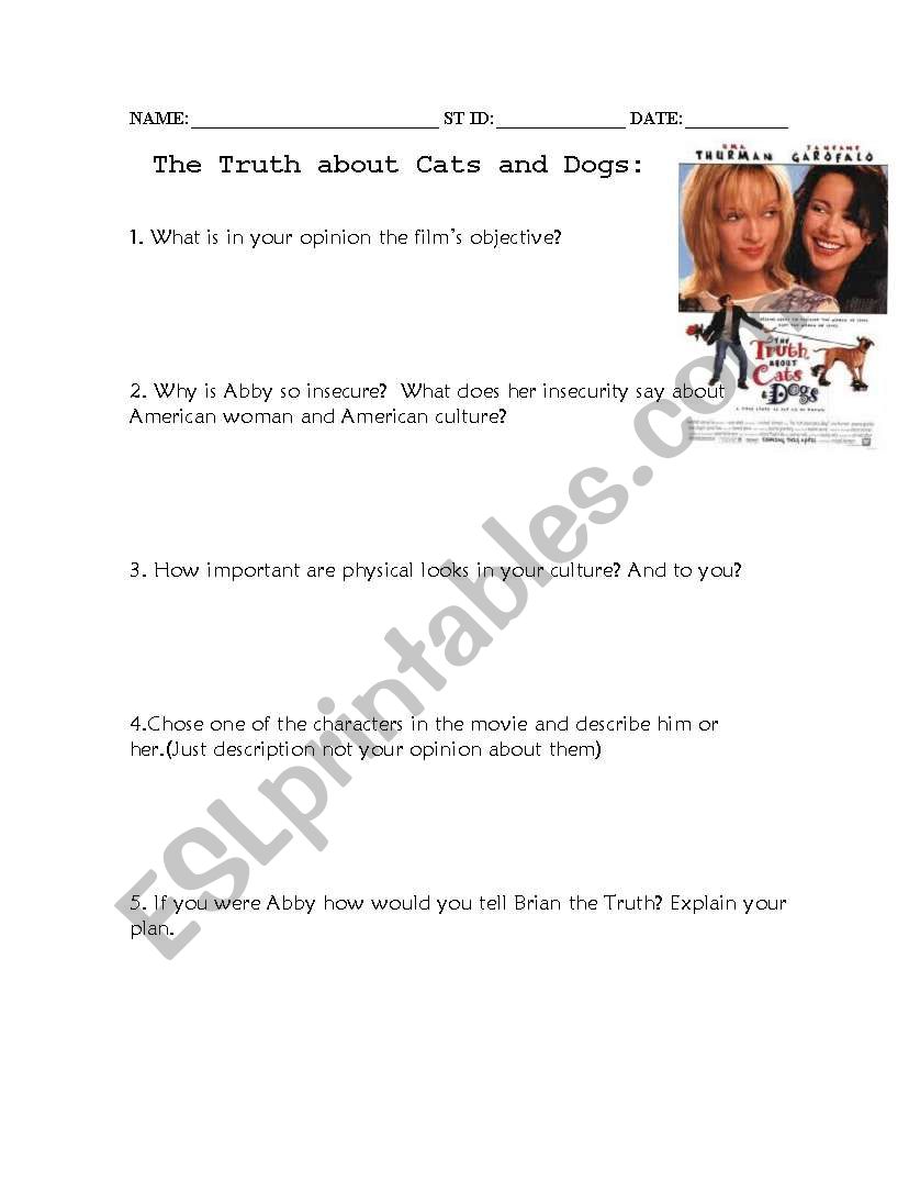 The truth about cats and dogs worksheet
