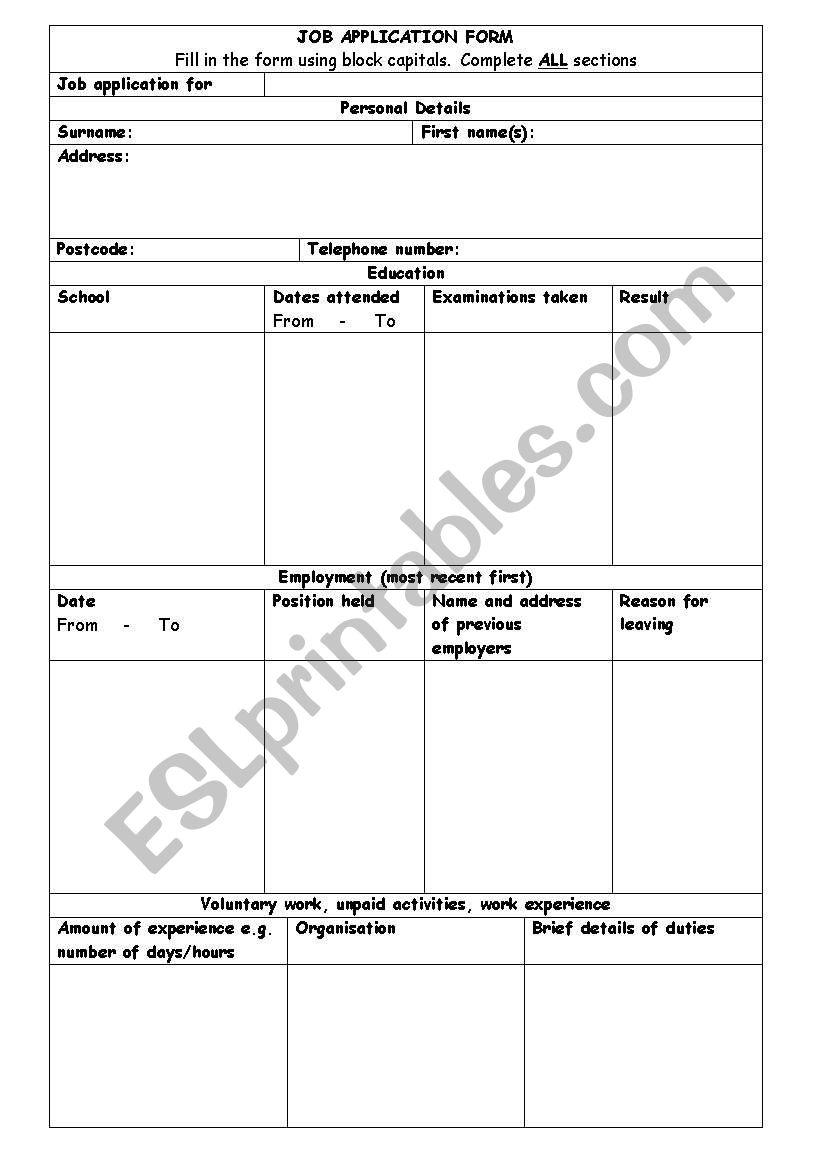Job Application Form worksheet