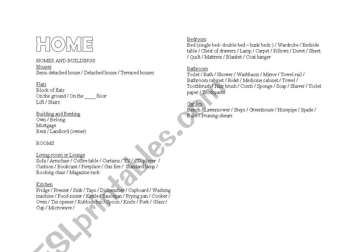 VOCABULARY HOME worksheet