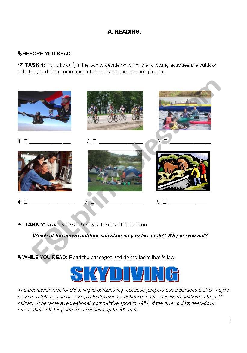 Skydiving worksheet