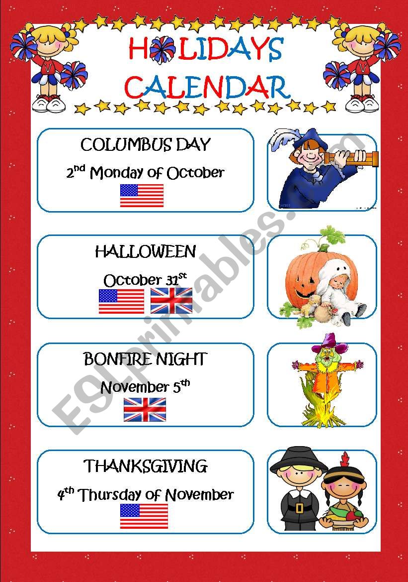 HOLIDAYS CALENDAR (3 pages) worksheet