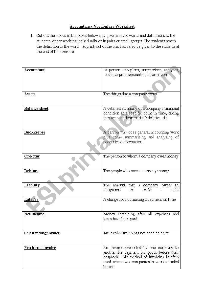 Accountancy Vocabulary Worksheet