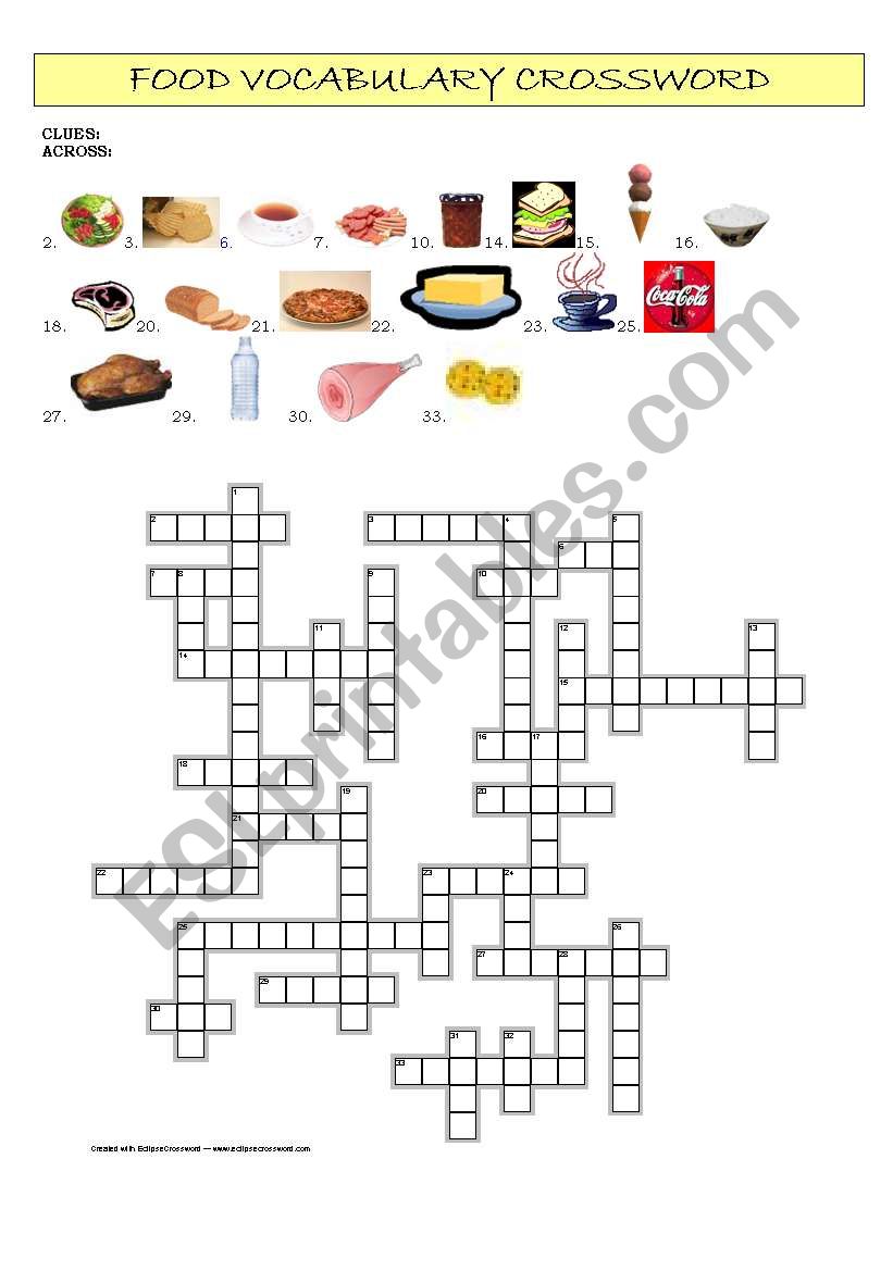 Food Vocabulary Crossword worksheet